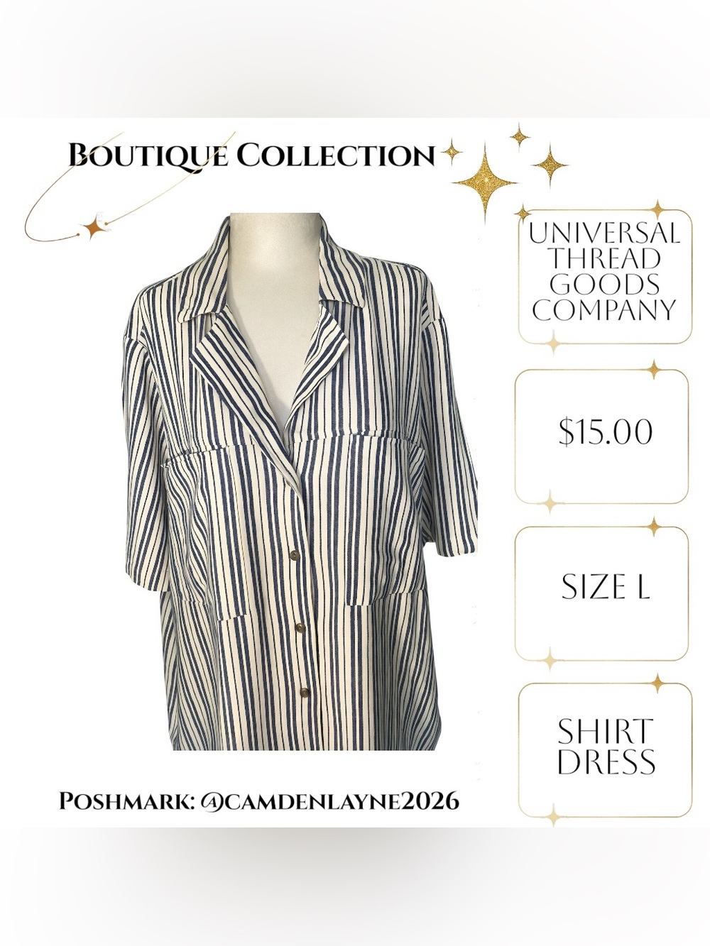Universal Thread Striped Shirt Midi Dress in Cream and Tan - Picture 7 of 9
